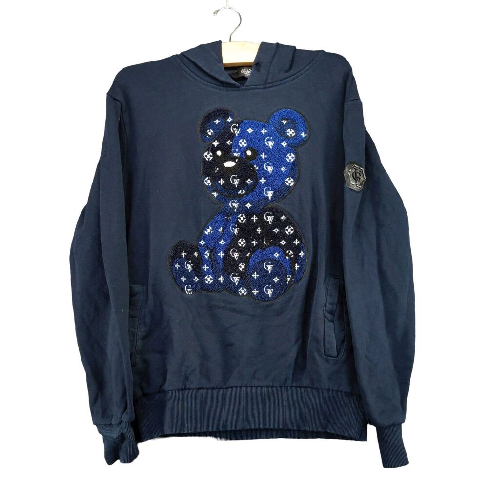 Avenue George V Paris Pullover Hoodie Size L Blue Embroidered Bear SEE DESC